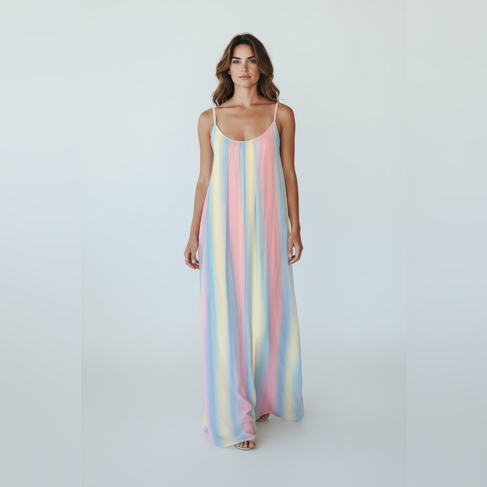 Pink Lily Pastel Rainbow Spaghetti Strap Maxi Dress with Pockets Size M